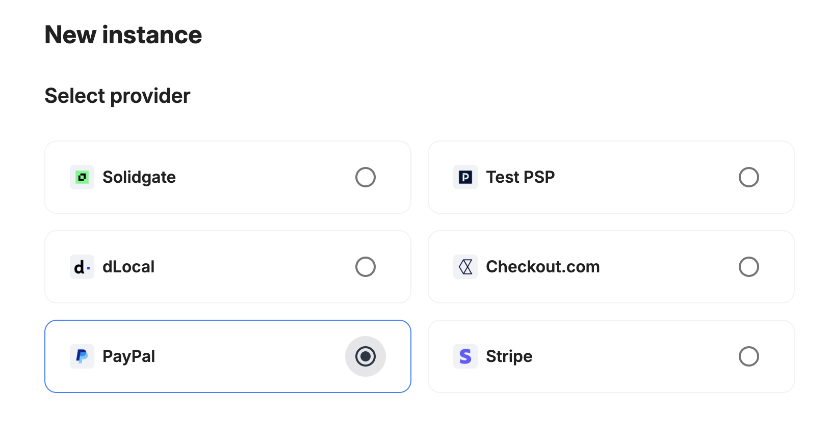 Payrails provider selection with PayPal selected