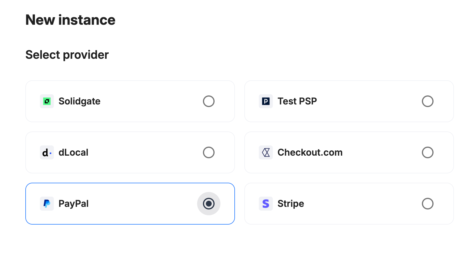 Payrails provider selection with PayPal selected