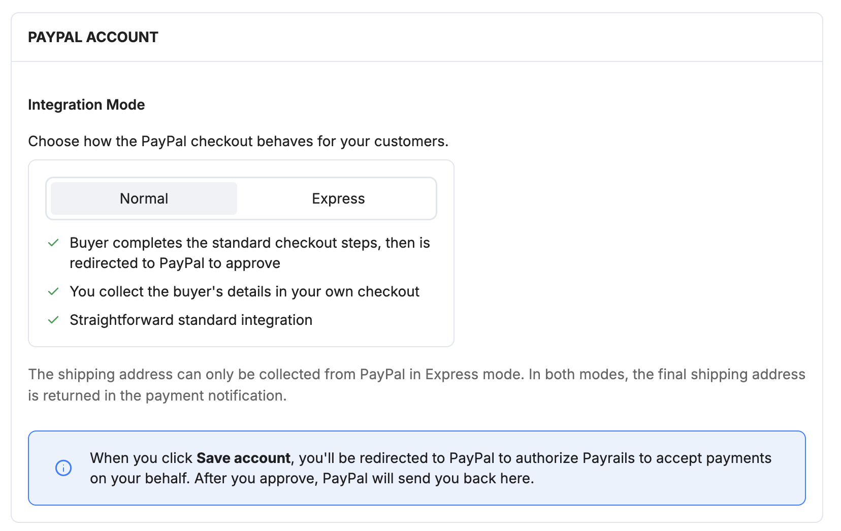 Payrails PayPal integration mode selection