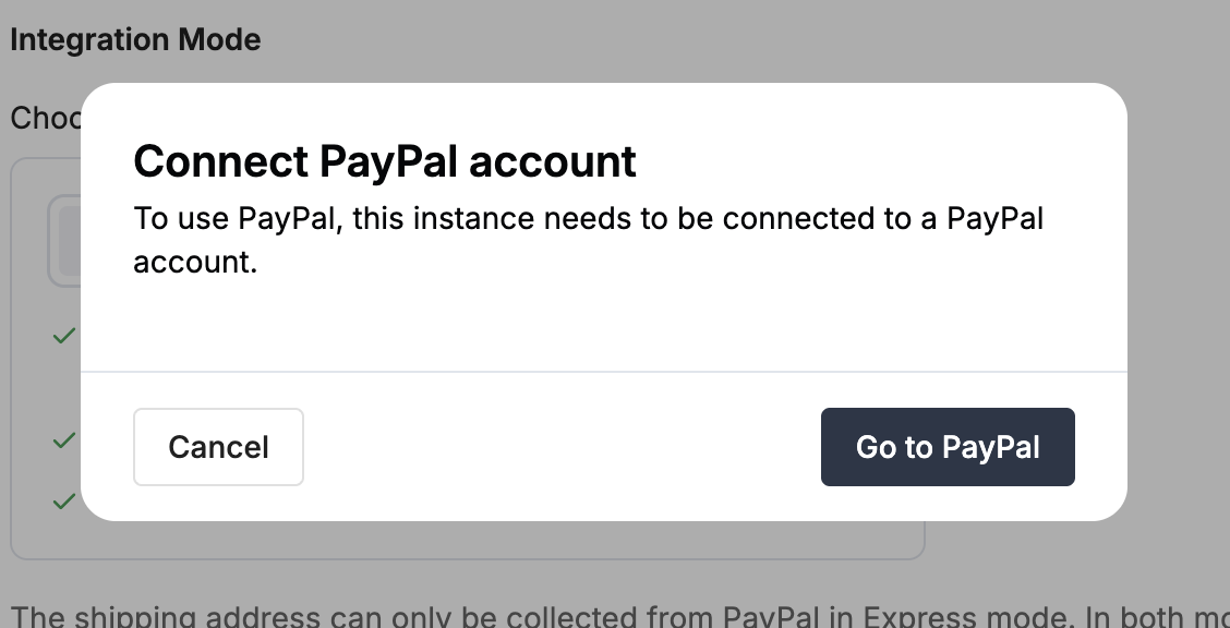 Payrails dialog to connect with PayPal