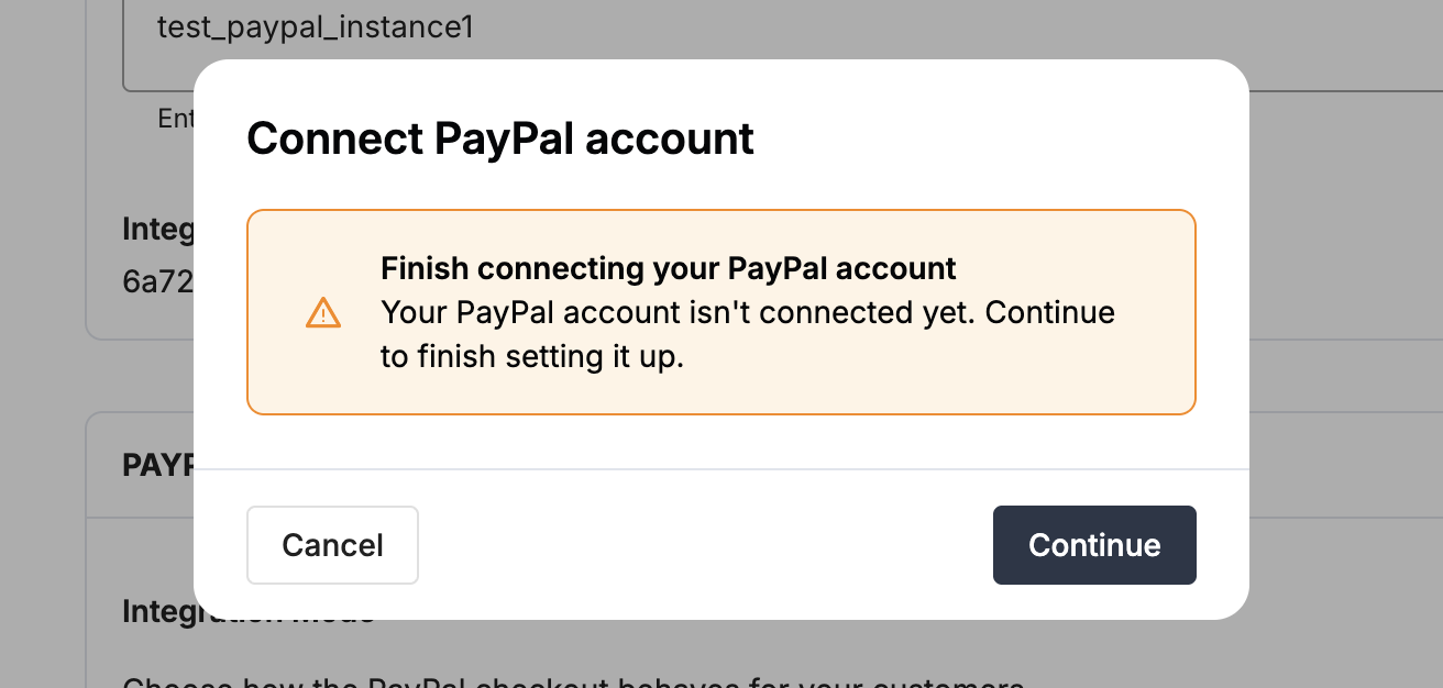 Payrails onboarding dialog with Continue option for PayPal