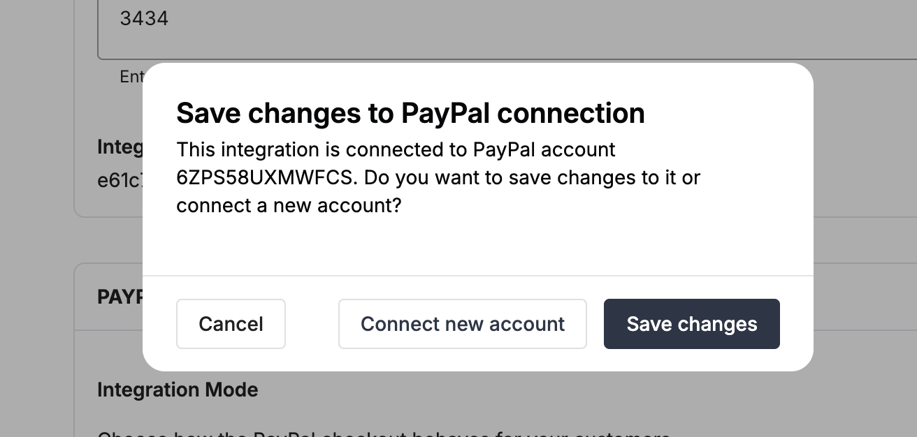 Payrails PayPal edit dialog with keep existing or connect new account options