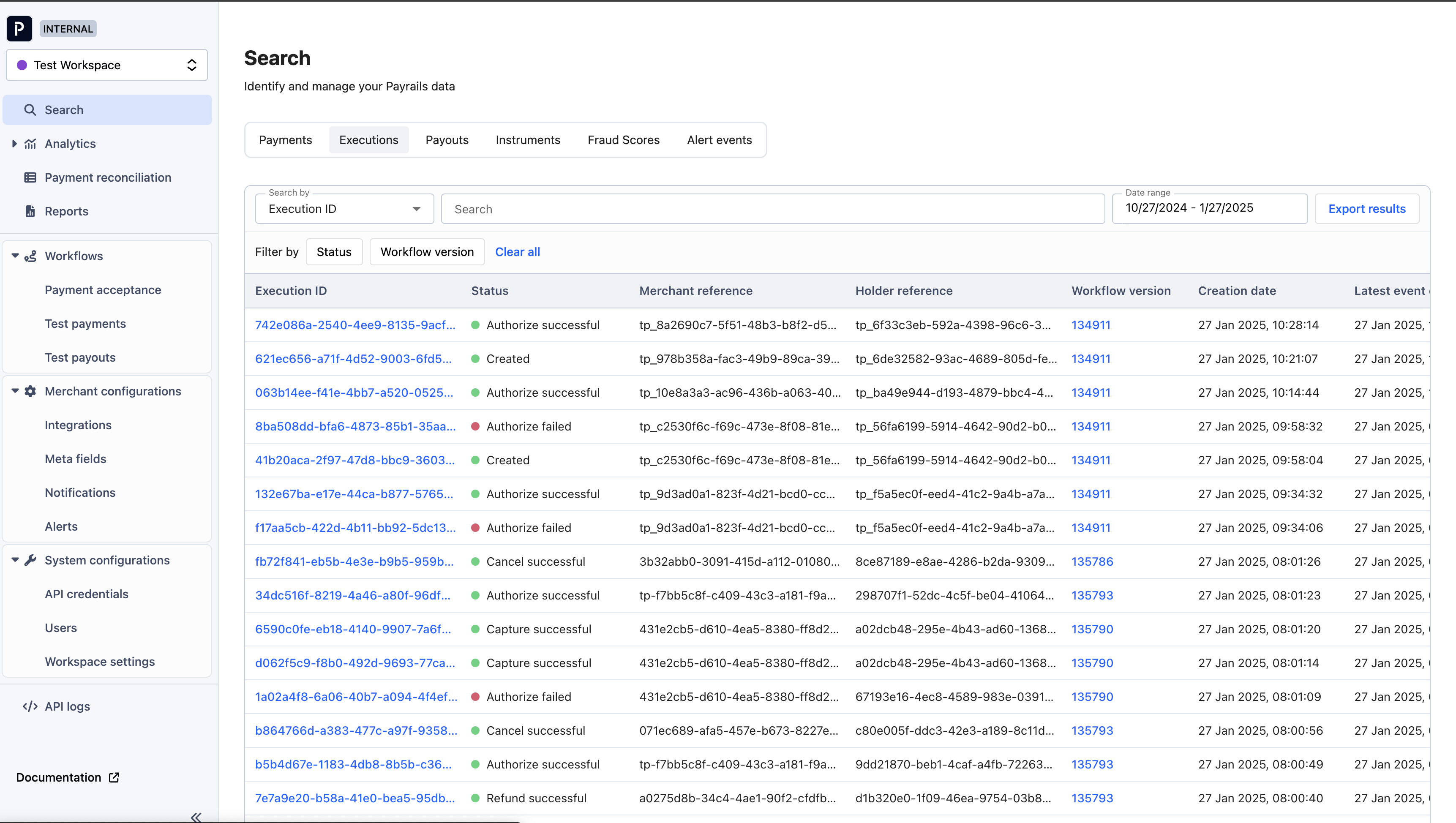 Payrails Portal Search page on the Executions tab, listing executions with status, merchant reference, holder reference, and workflow version