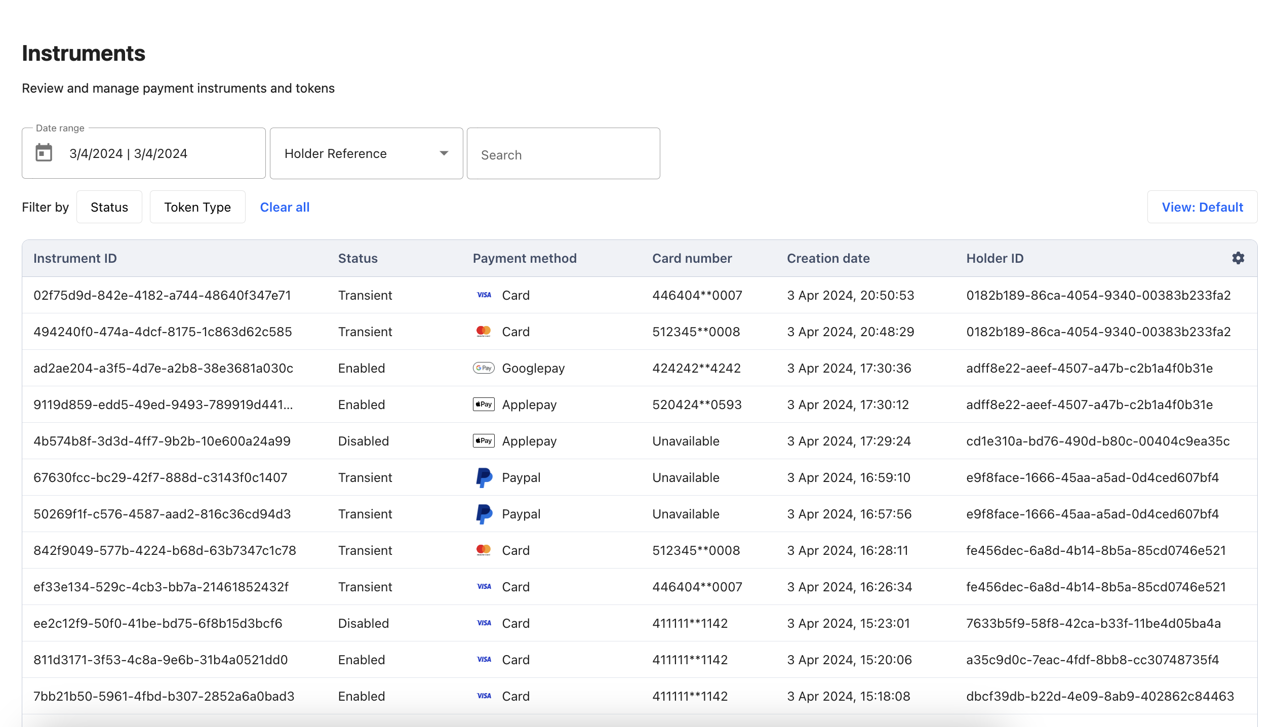 Payrails Portal Instruments page listing instruments with status, payment method, card number, creation date, and holder ID, filterable by holder reference
