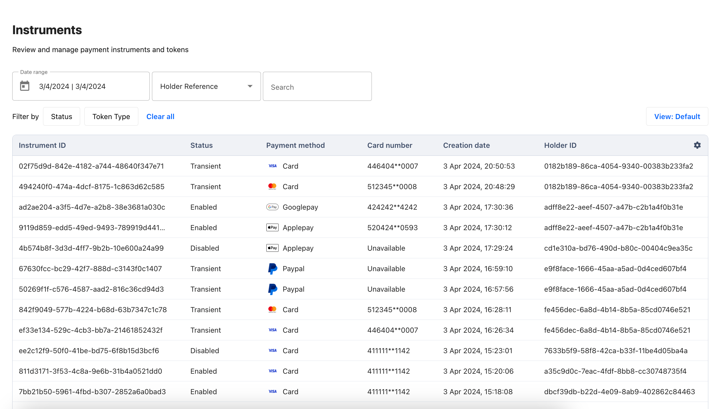 Payrails Portal Instruments page listing instruments with status, payment method, card number, creation date, and holder ID, filterable by holder reference