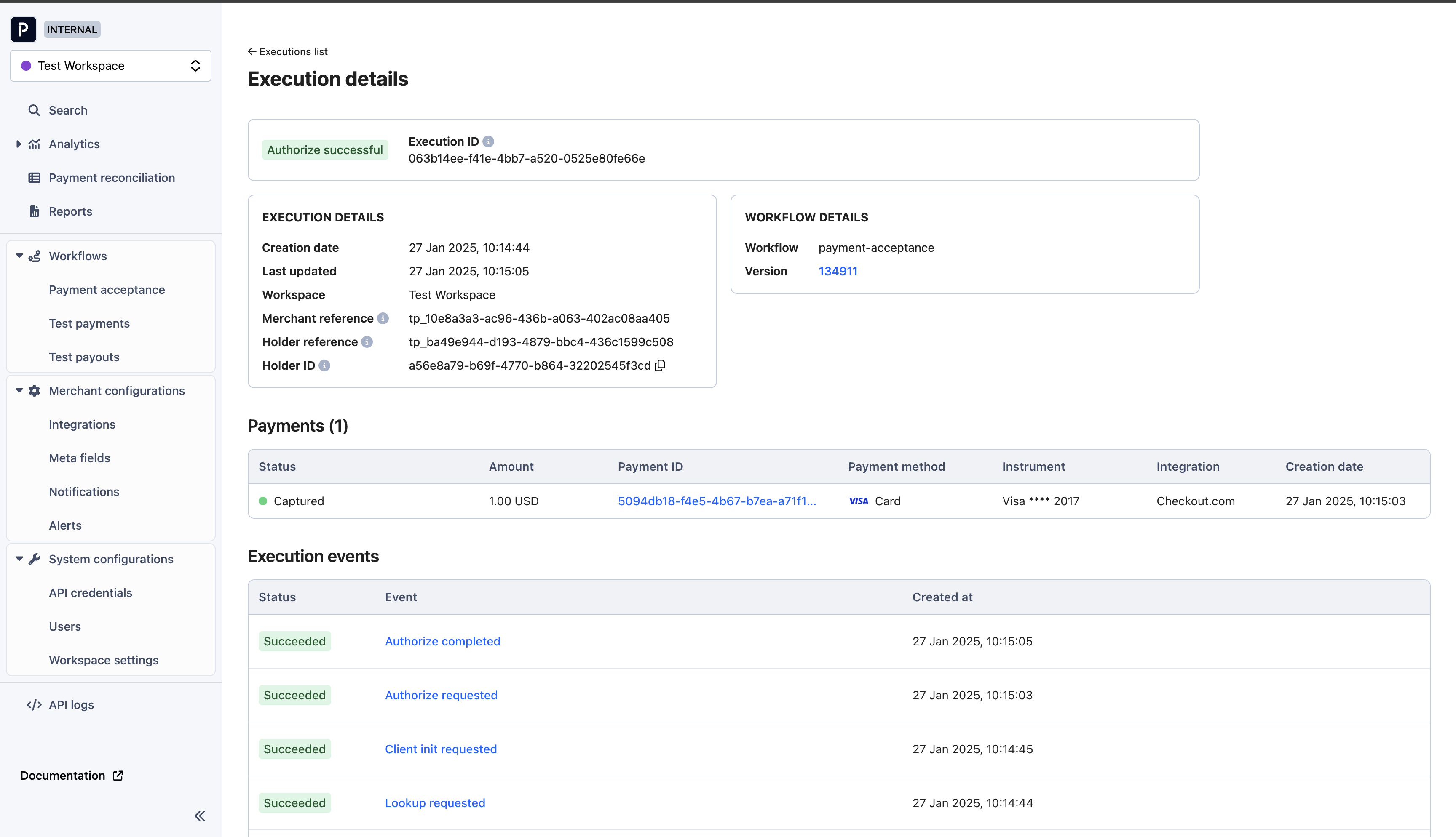 Payrails Portal Execution details page showing execution and workflow details, its payments, and its execution events