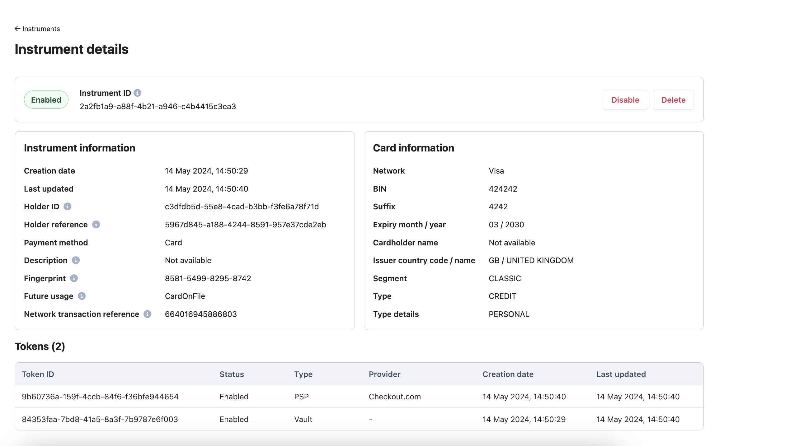 Payrails Portal Instrument details page with Disable and Delete buttons, instrument and card information, and the instrument's PSP and vault tokens