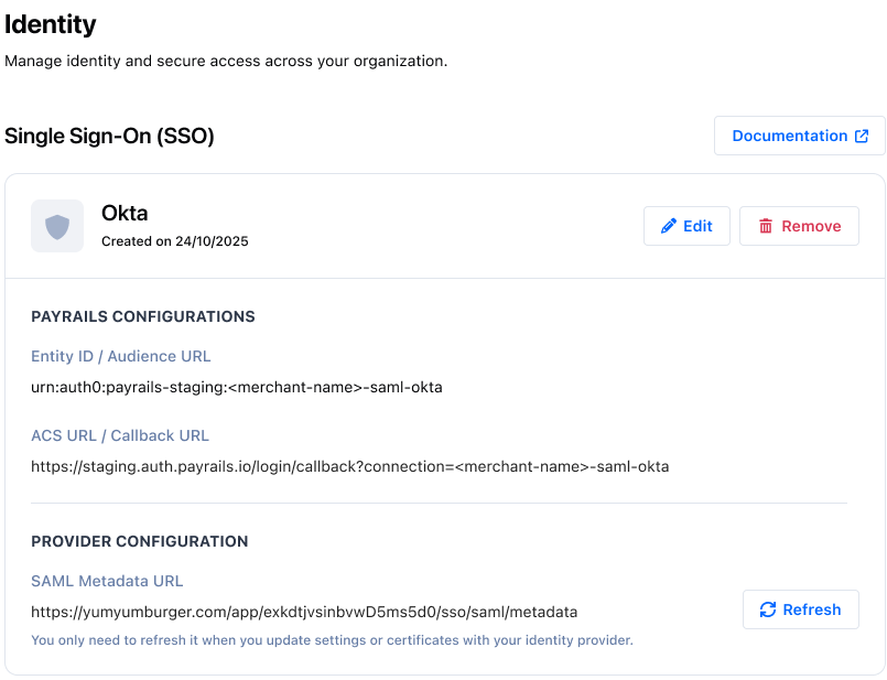 Payrails SSO configuration form