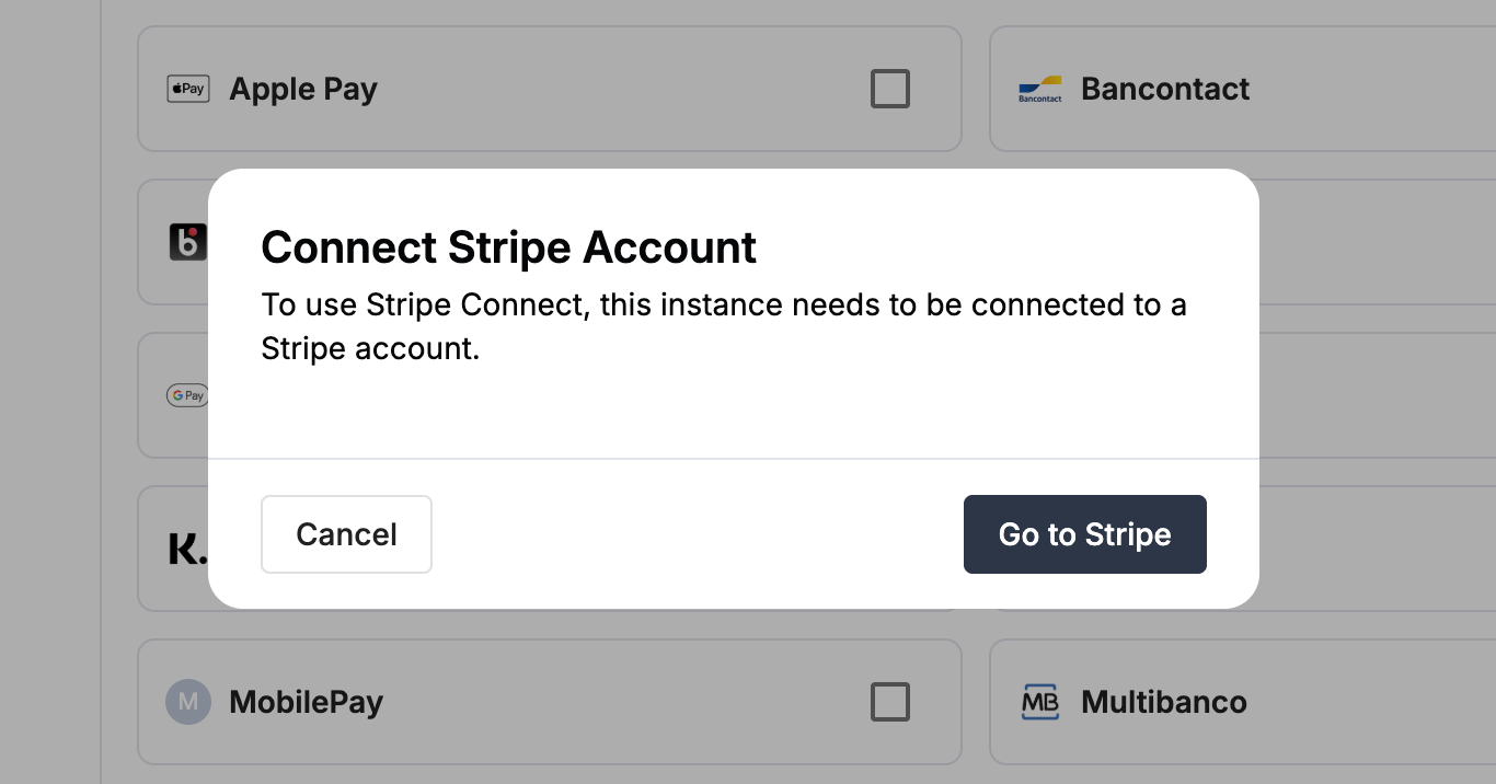 Payrails dialog prompting to continue Stripe connection