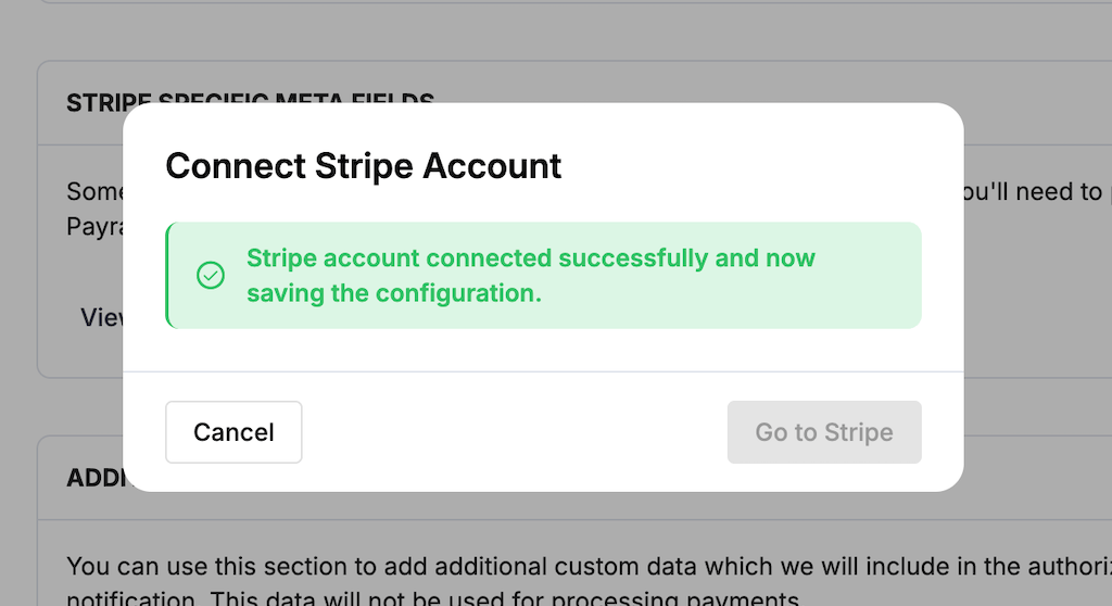 Payrails success message after Stripe account connection