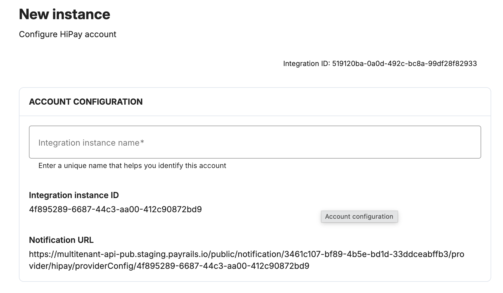 Payrails integration instance name field for HiPay