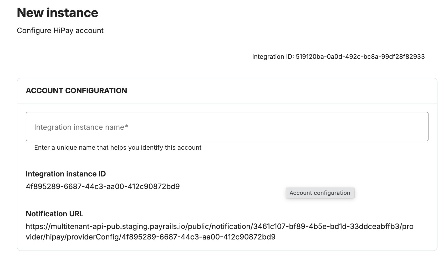 Payrails integration instance name field for HiPay