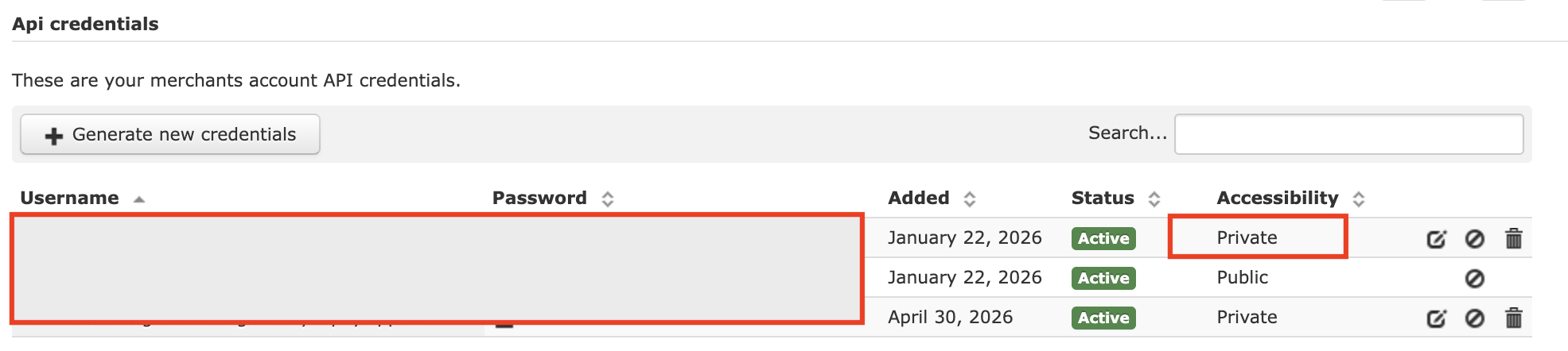 HiPay Console security settings showing private username and password fields