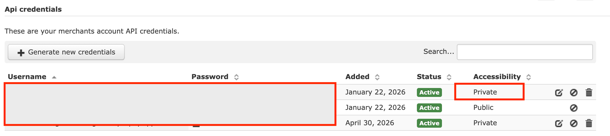 HiPay Console security settings showing private username and password fields
