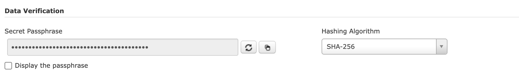 HiPay Console security settings showing secret passphrase and hashing algorithm fields