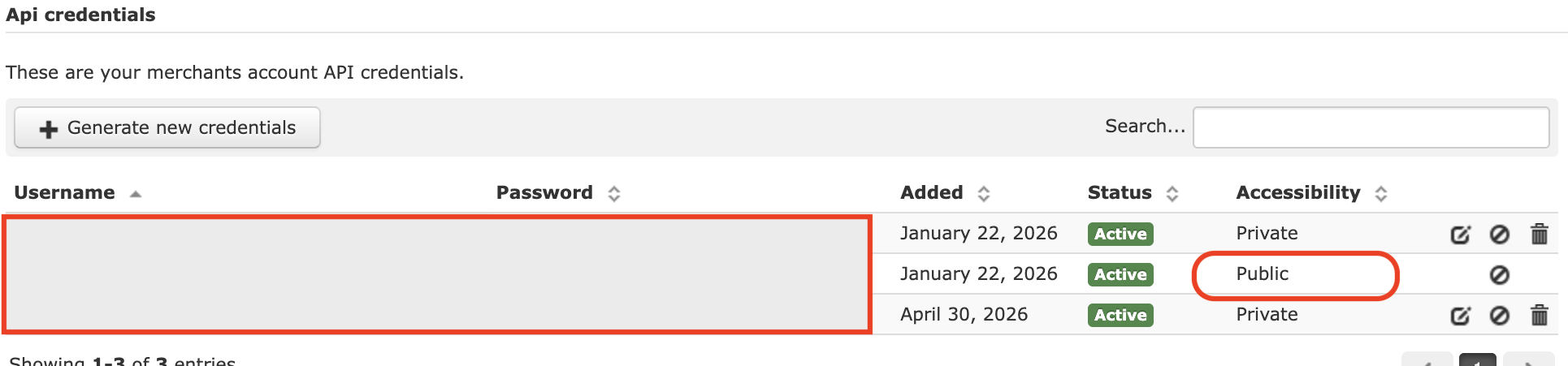 HiPay Console security settings showing public username and password fields