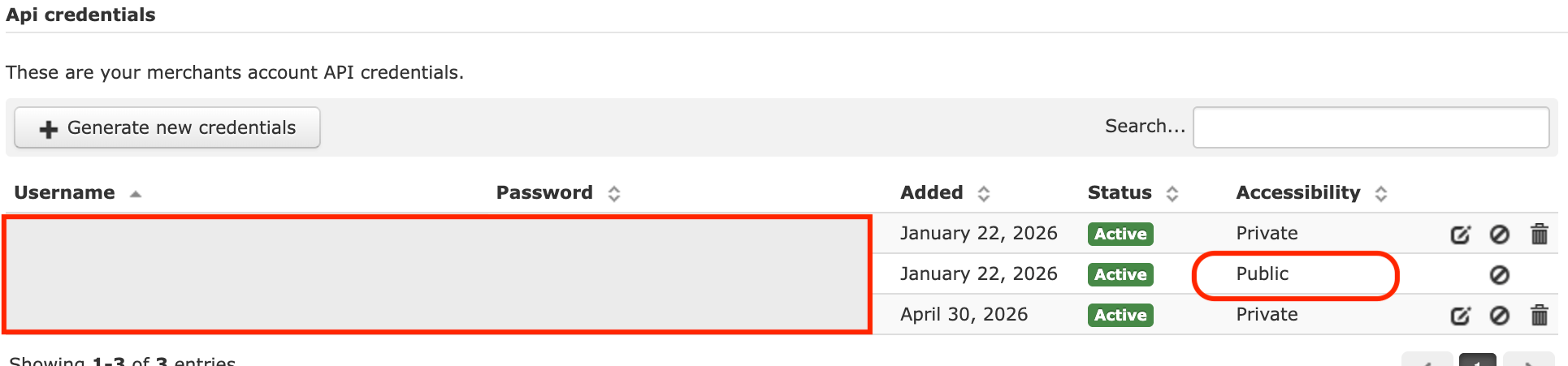 HiPay Console security settings showing public username and password fields