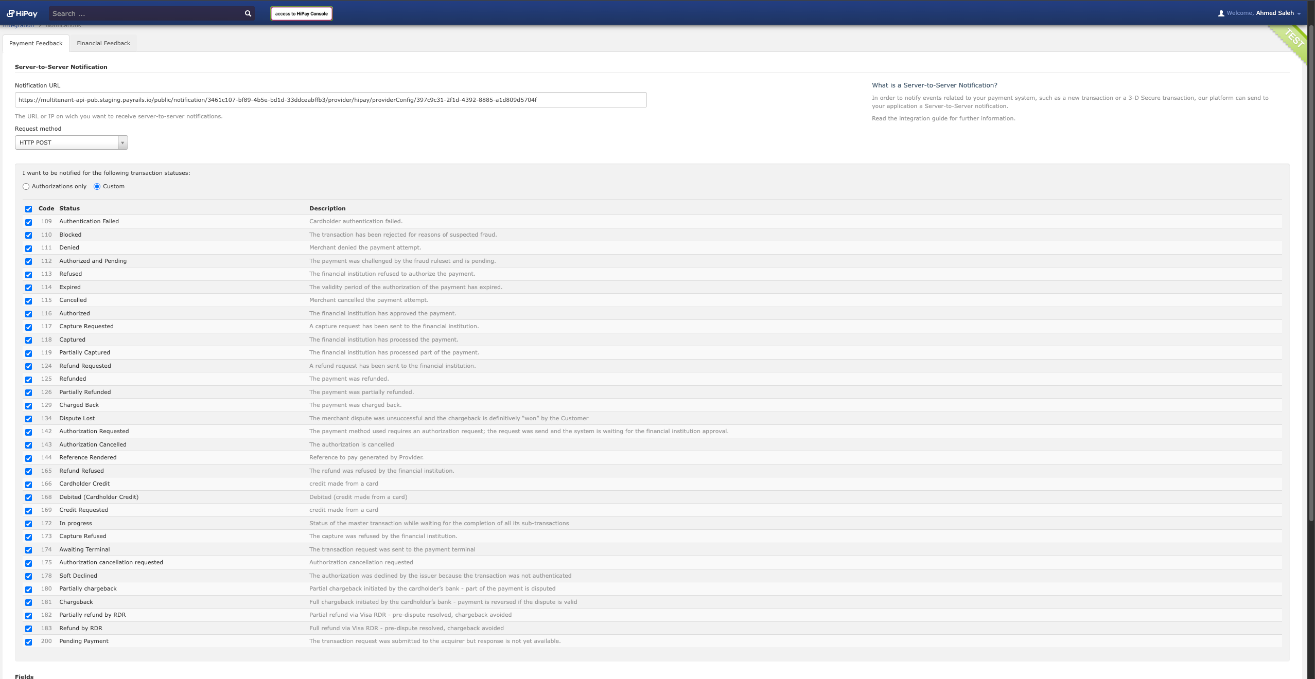 HiPay Console notification settings with transaction status selection
