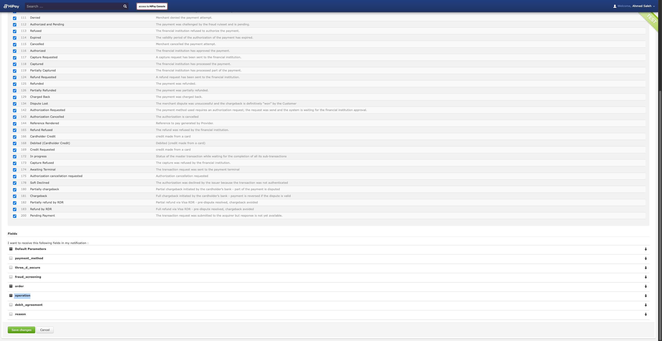 HiPay Console notification settings showing the operation fields toggle