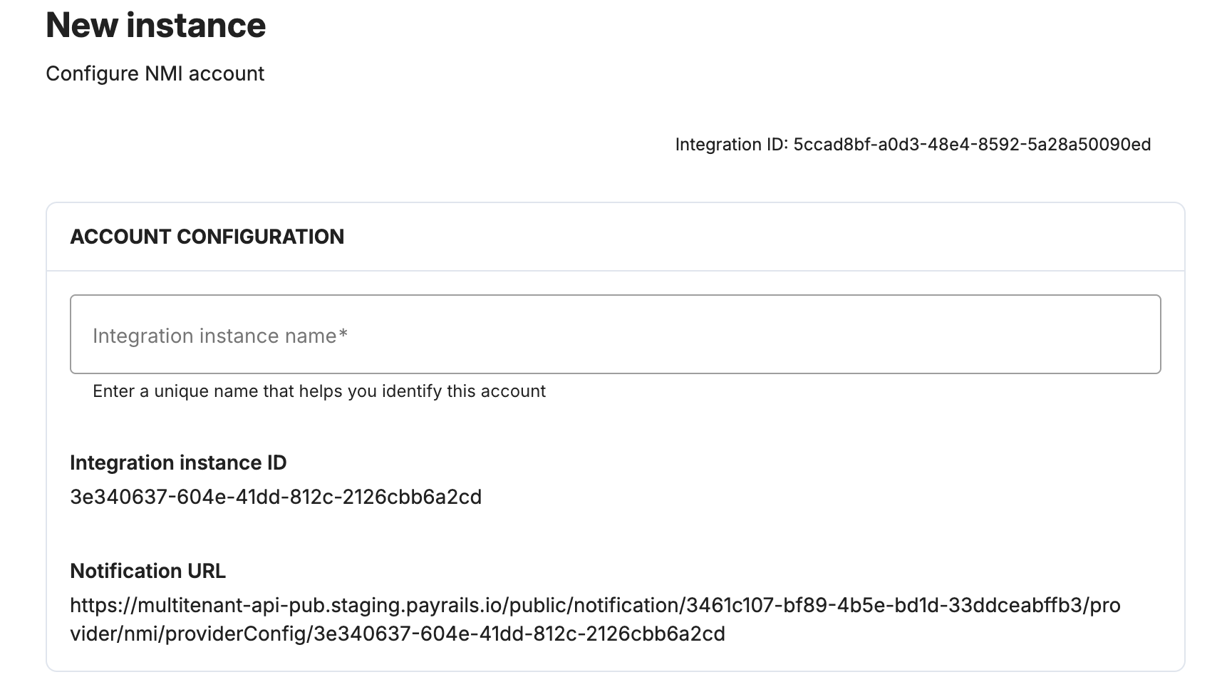 Payrails integration instance name field for NMI
