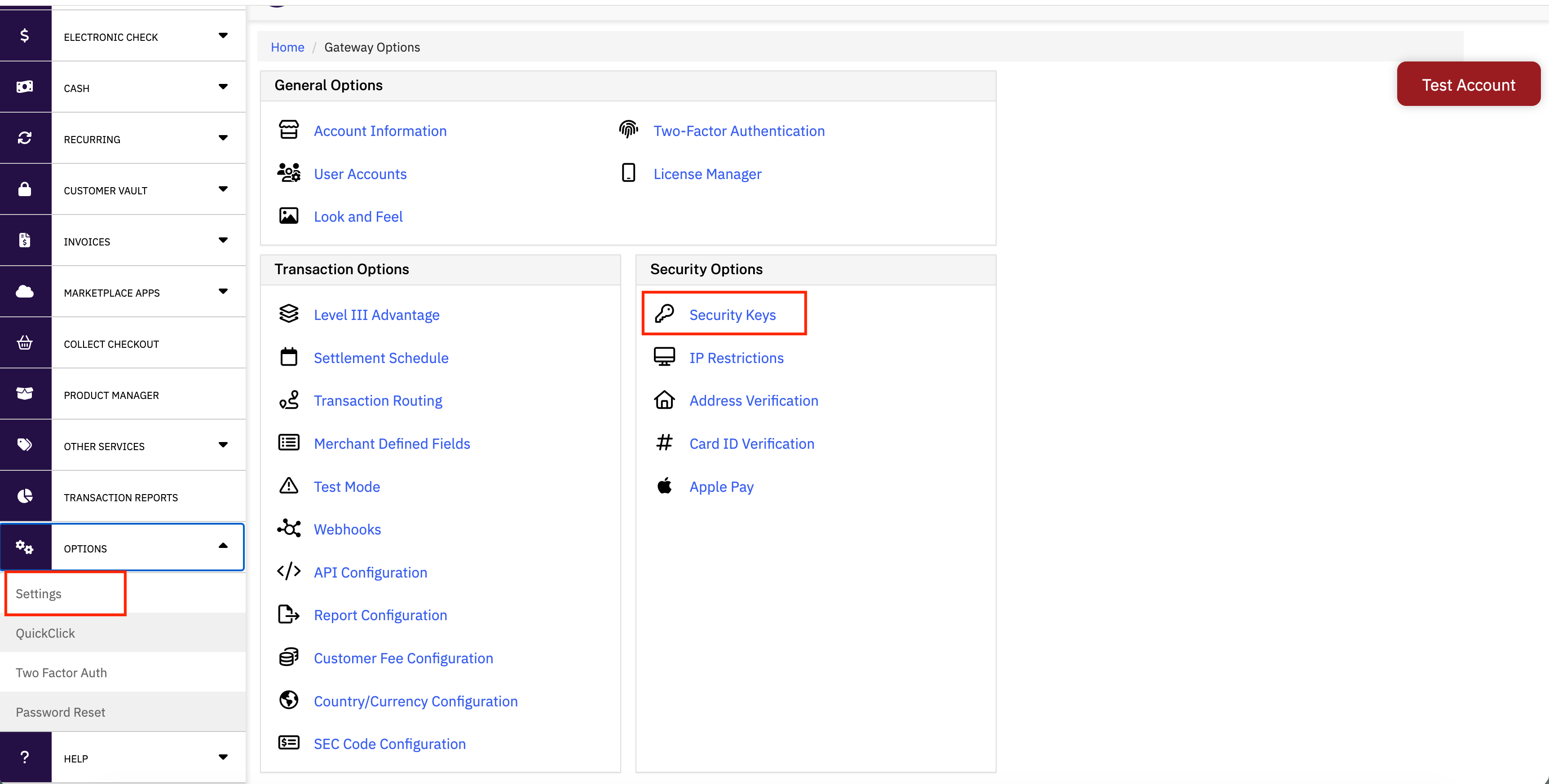 NMI Merchant Portal private security keys section