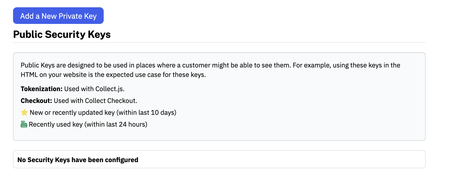 NMI Merchant Portal dialog for adding a new private key