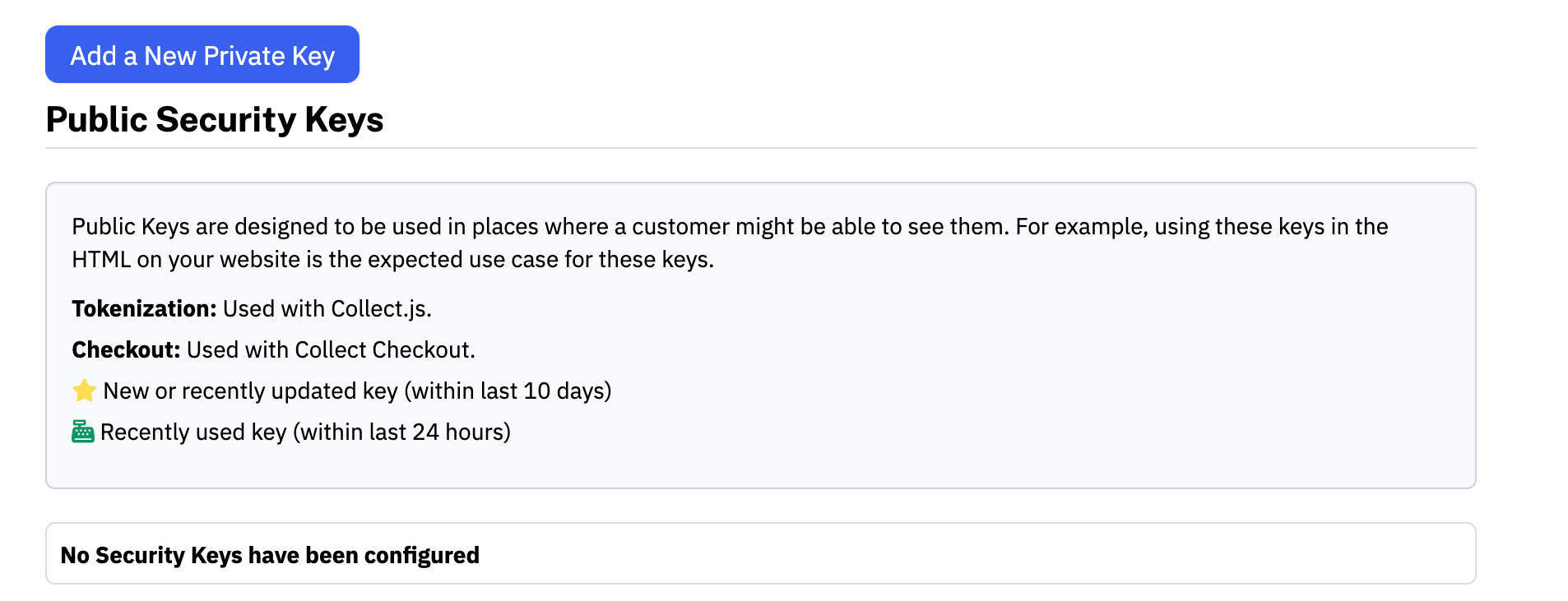 NMI Merchant Portal dialog for adding a new private key
