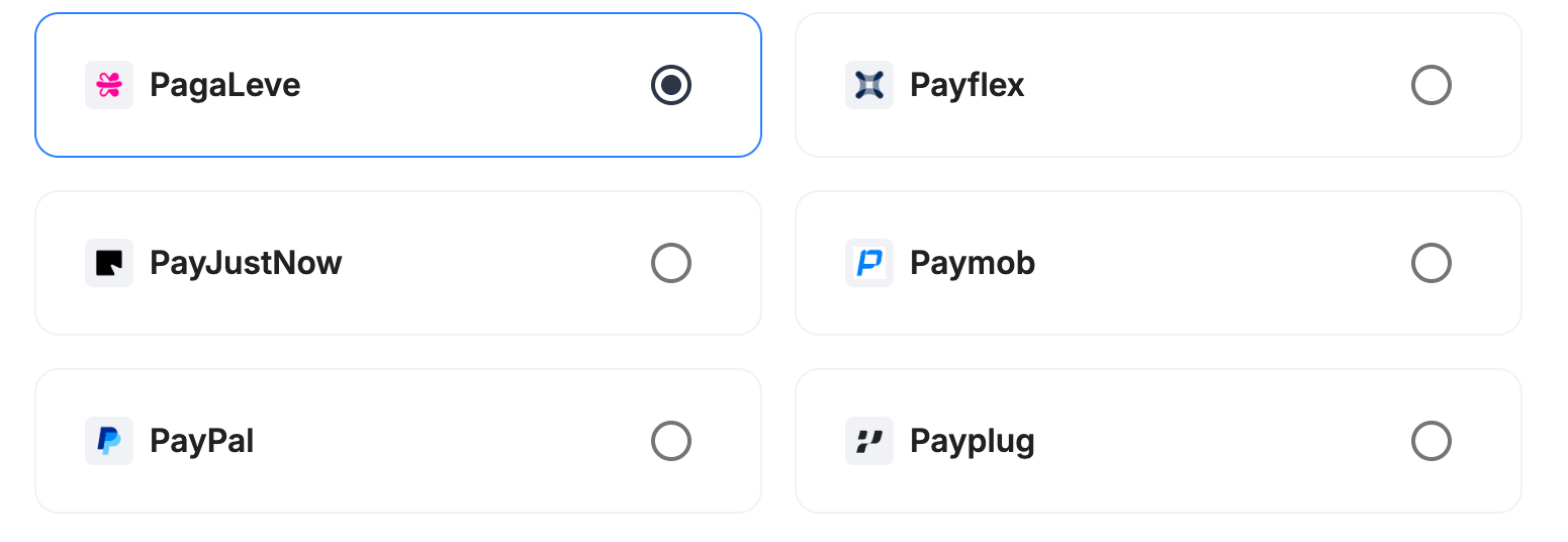 Payrails provider selection set to PagaLeve