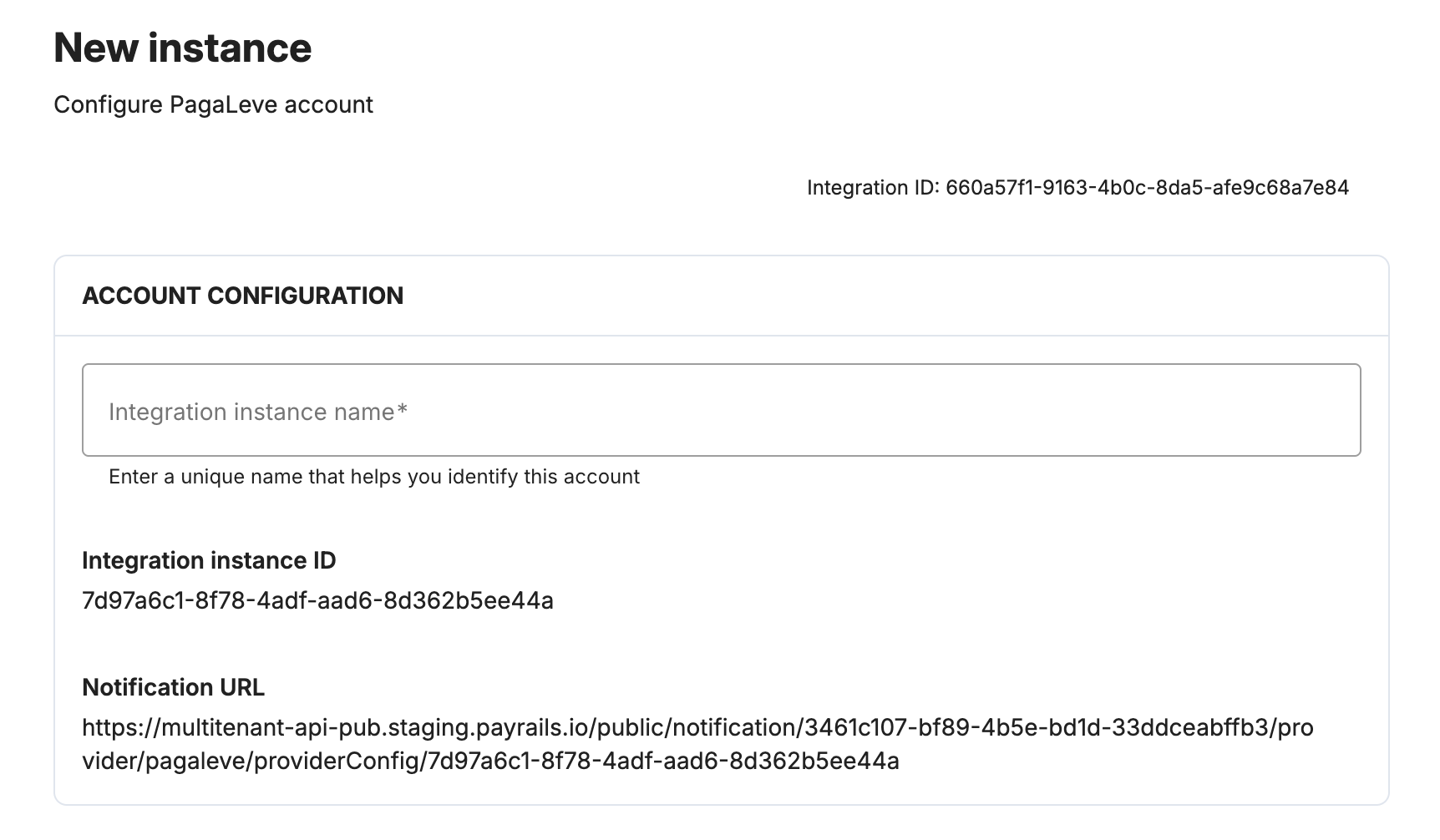 Payrails integration instance name field for PagaLeve