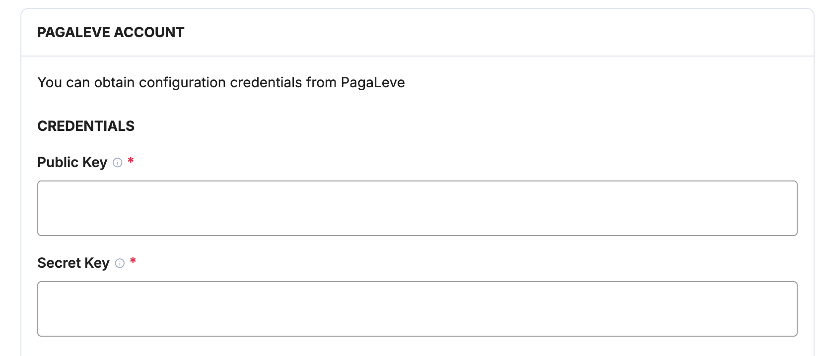 Payrails Public Key and Secret Key fields for PagaLeve