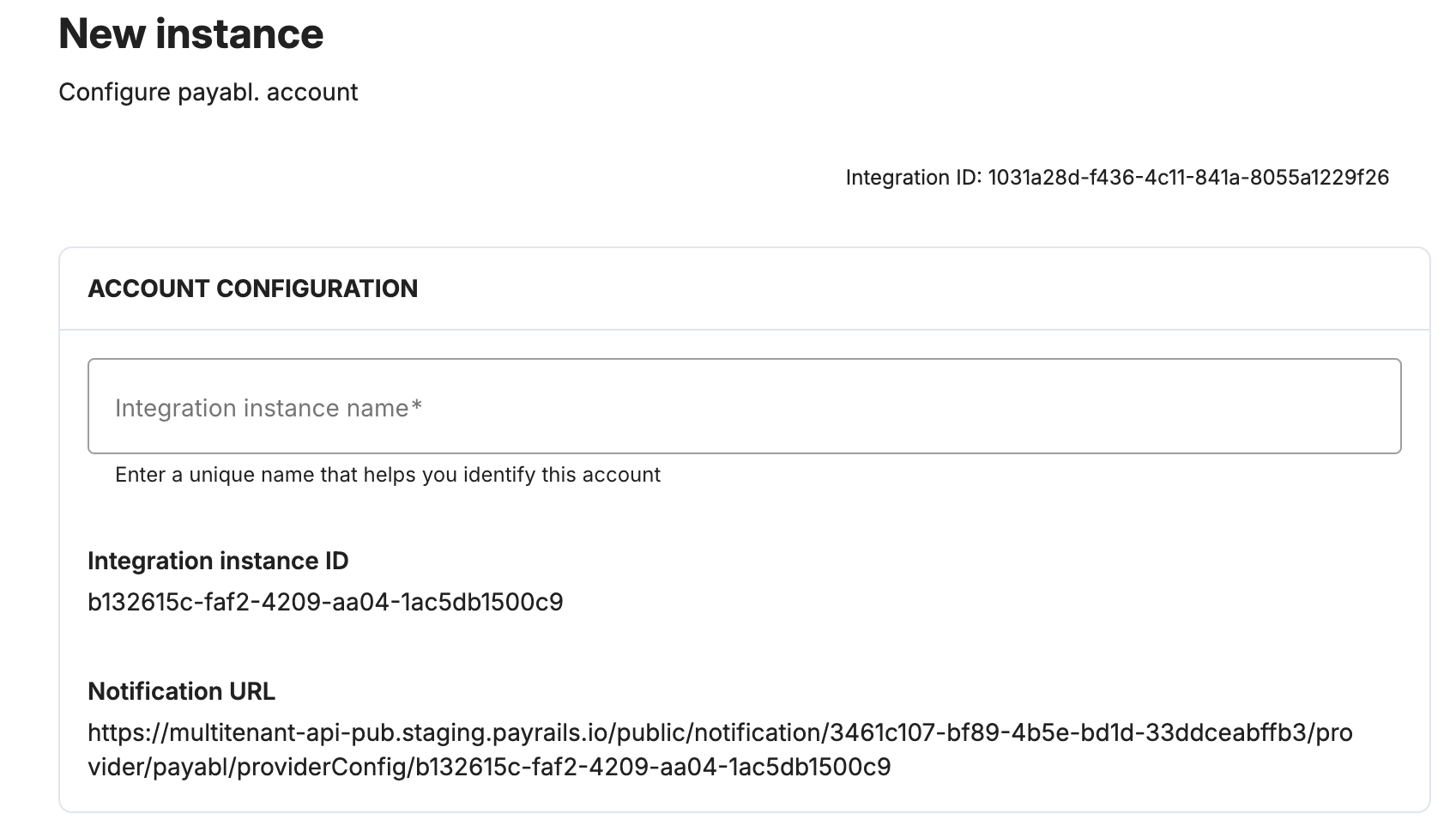 Payrails integration instance name field for payabl.