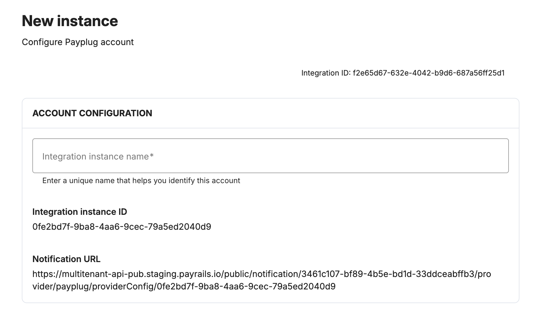 Payrails integration instance name field for PayPlug