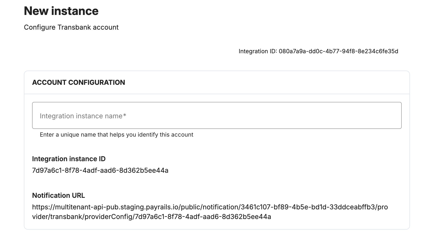 Payrails integration instance name field for Transbank