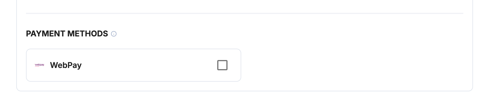 Payrails payment methods section with WebPay enabled