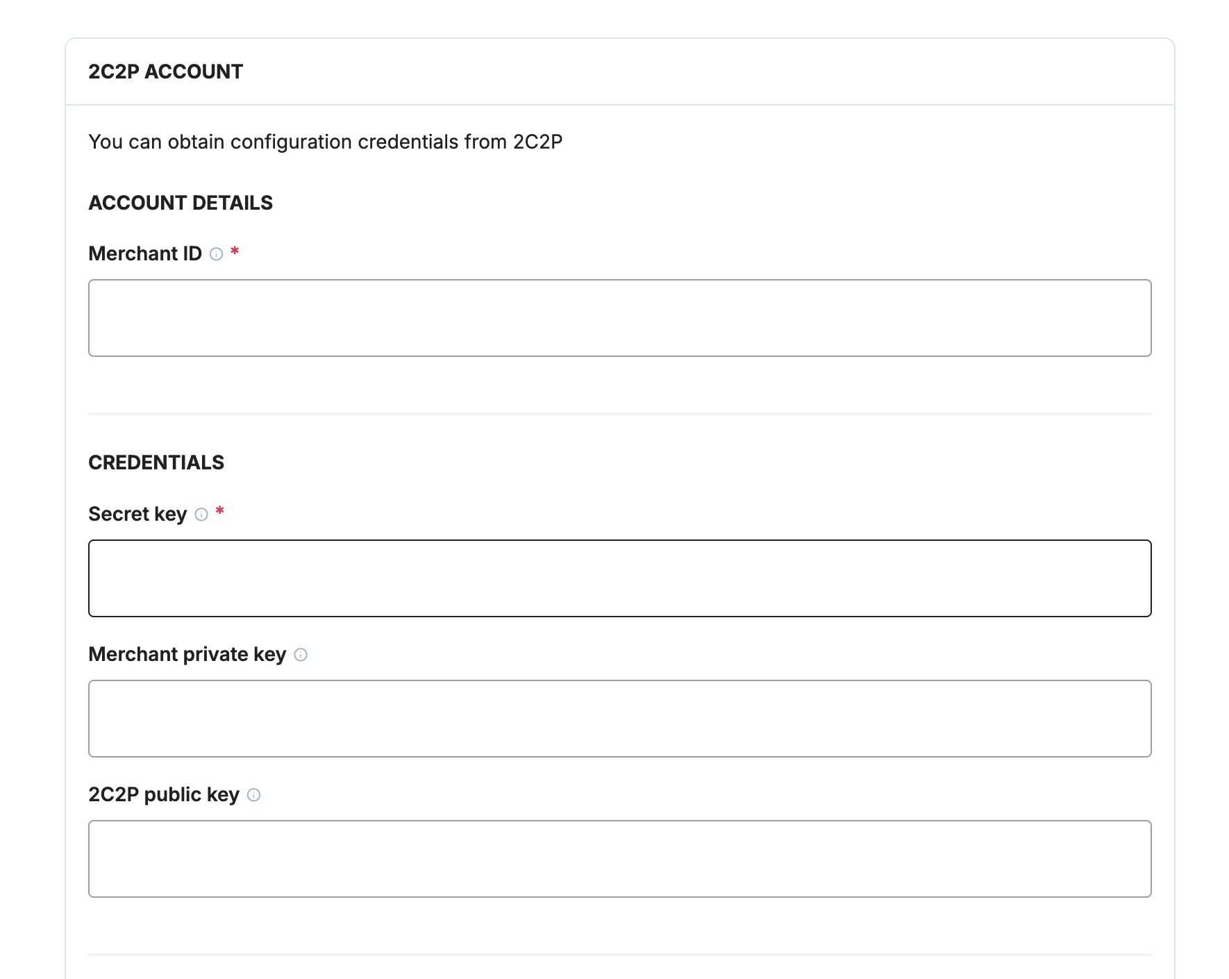2C2P integration prerequisites and account configuration section
