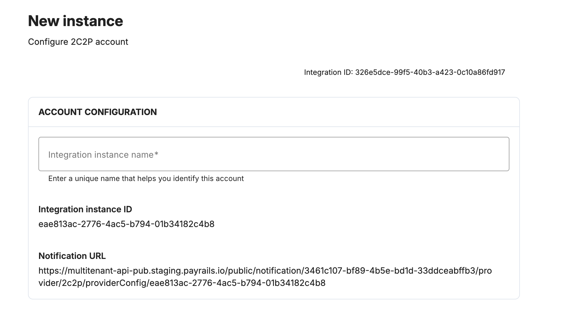 Payrails 2C2P integration instance name field