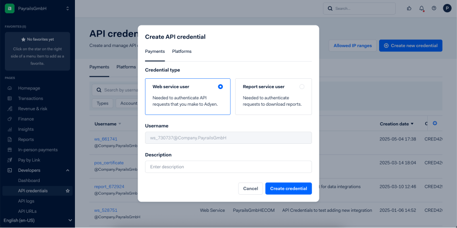 A screenshot showing the create a new API credential form.
