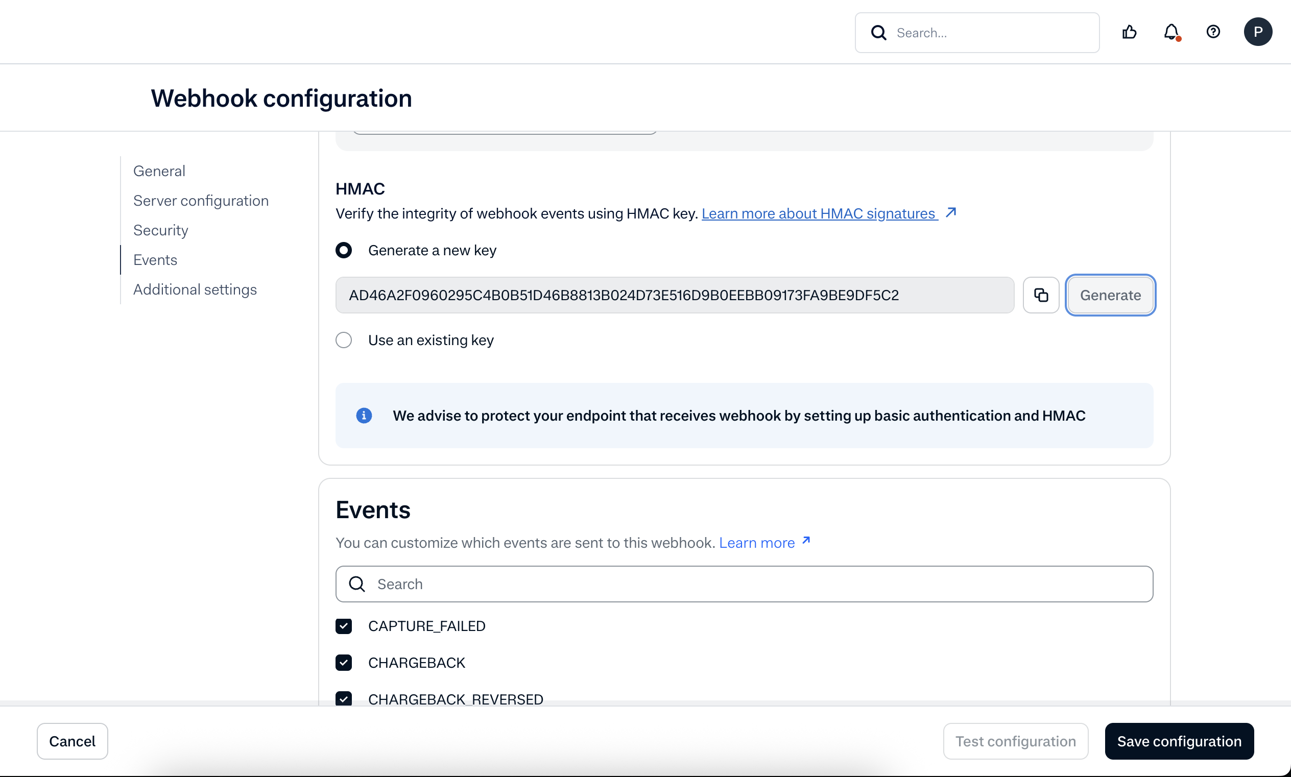 A screenshot showing the Adyen webhook HMAC field.