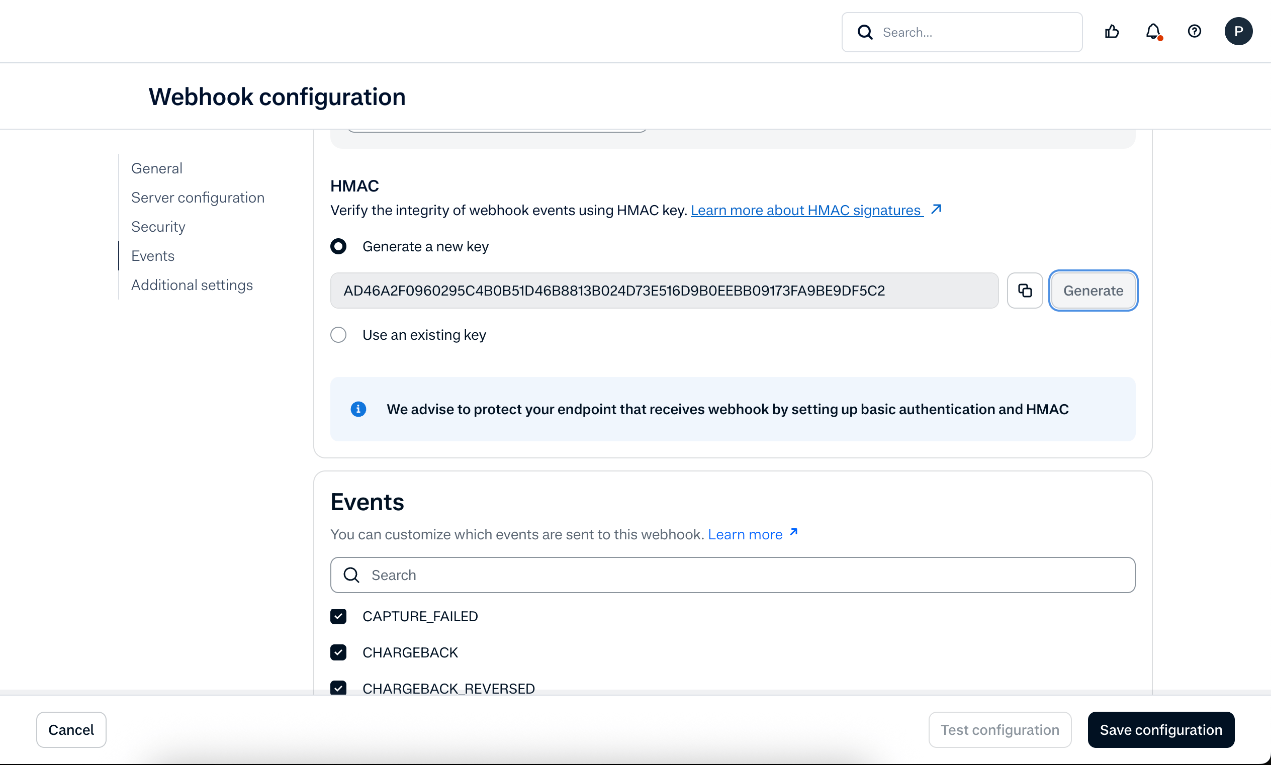 A screenshot showing the Adyen webhook HMAC field.