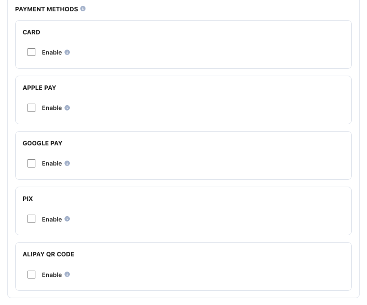 A screenshot showing the Adyen payment methods.