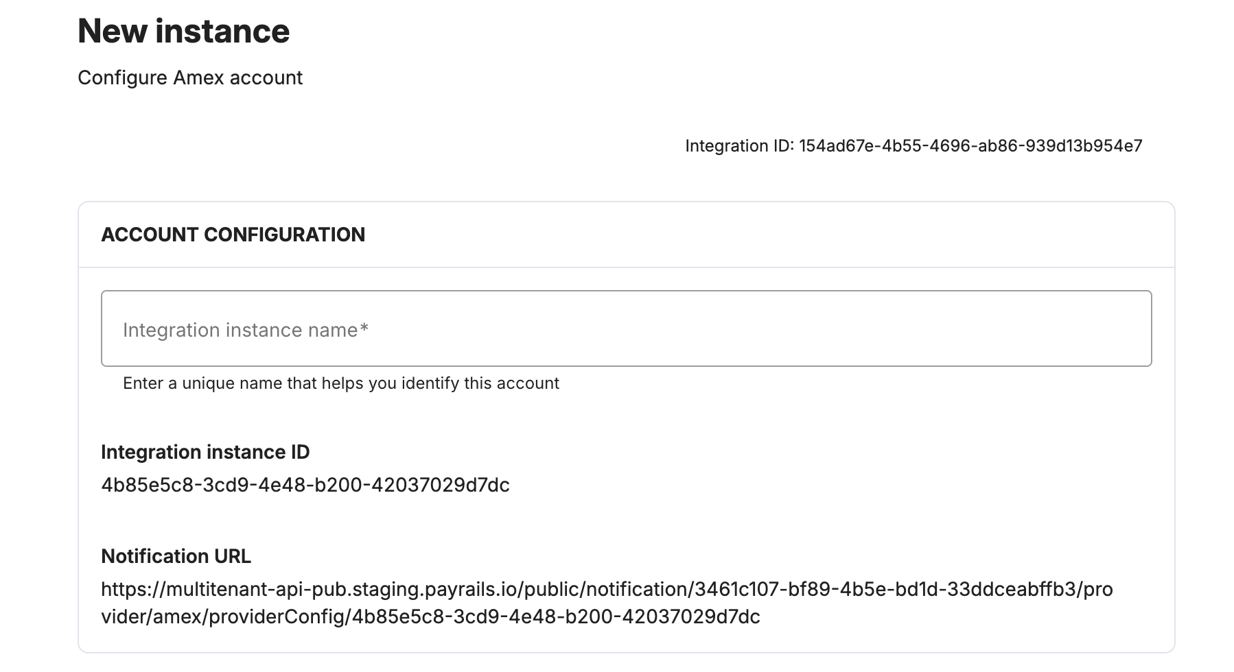 Payrails Amex integration instance name field
