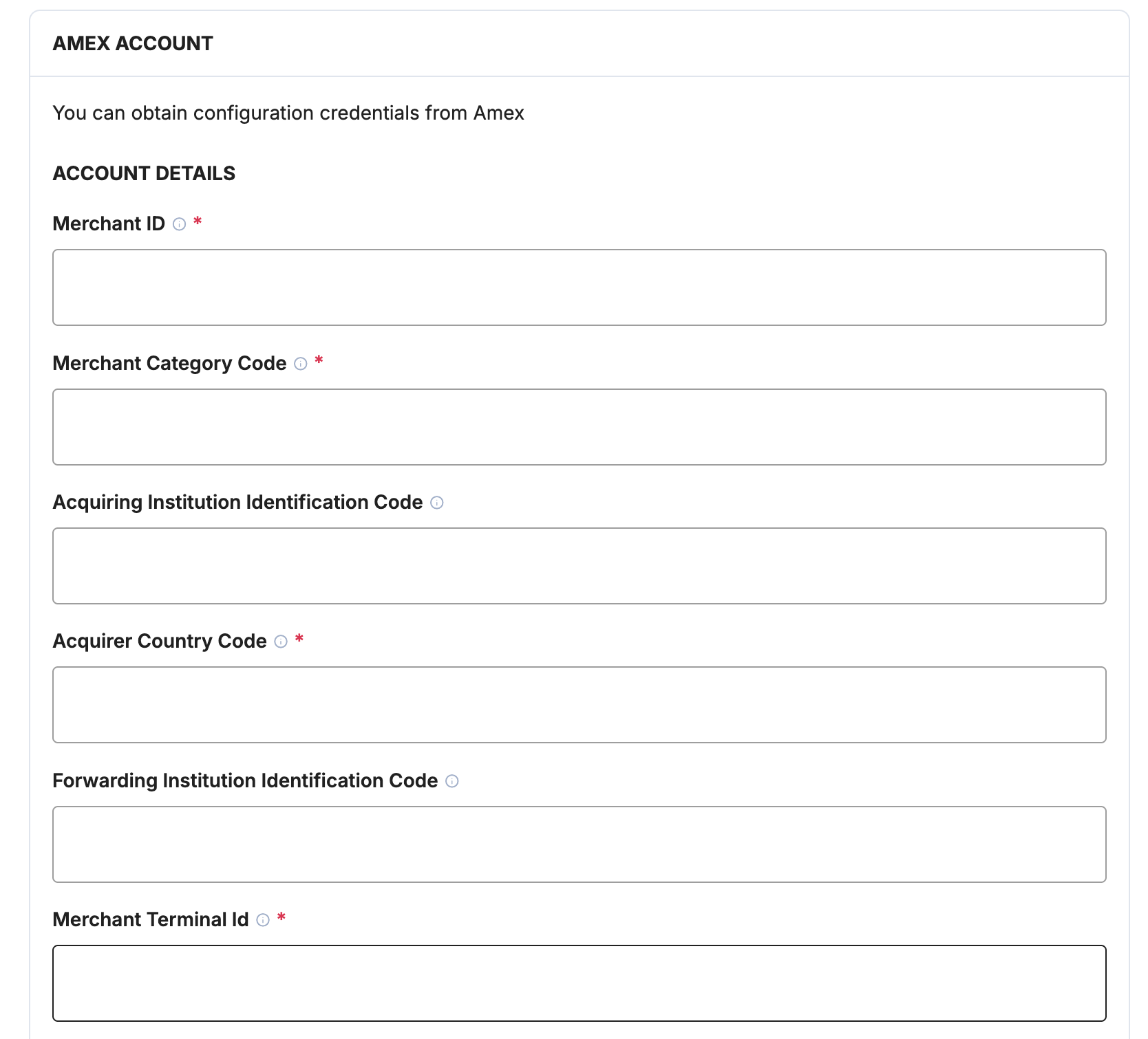 Payrails Amex account details fields including merchant and acquirer values