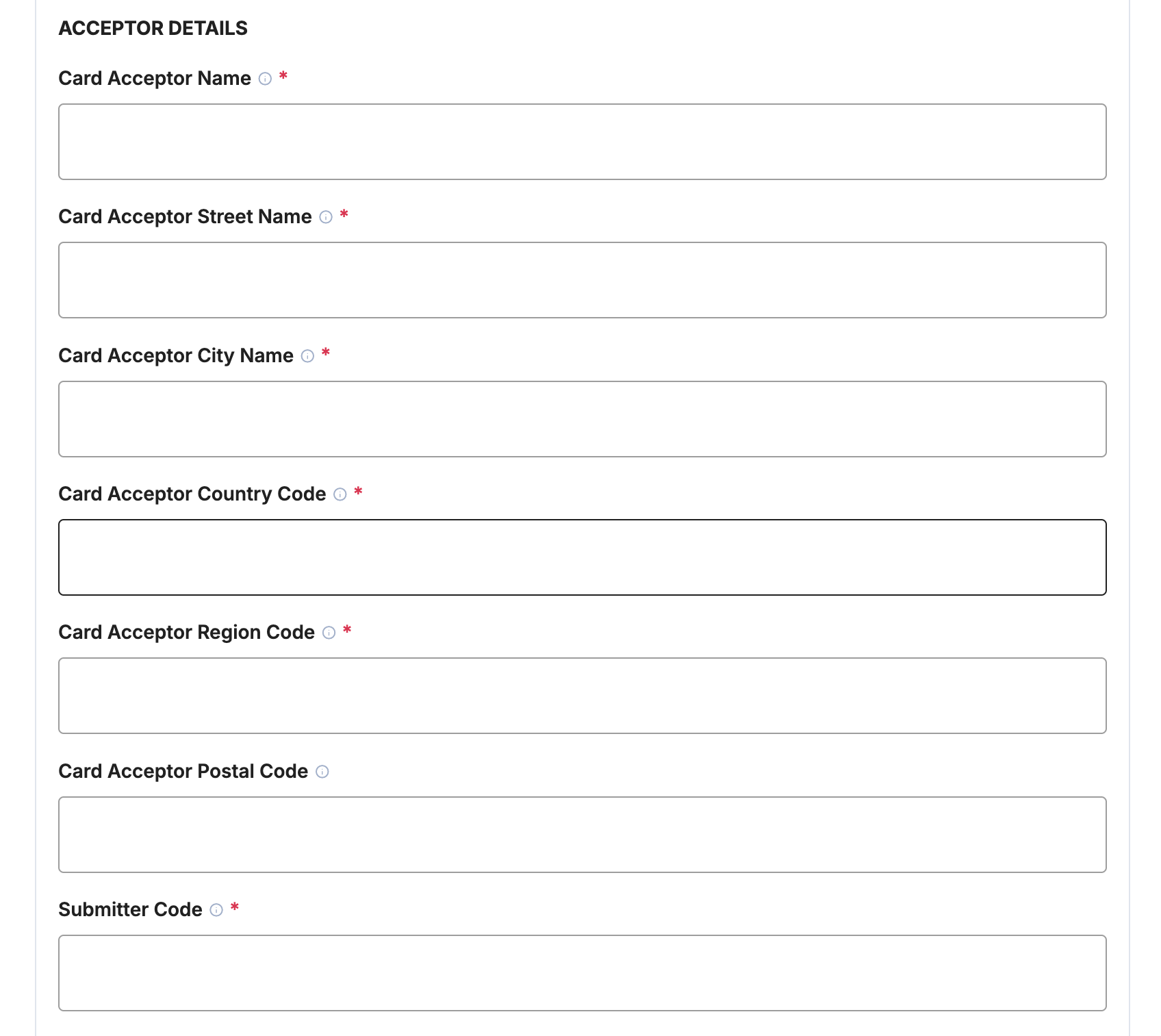 Payrails Amex card acceptor details fields