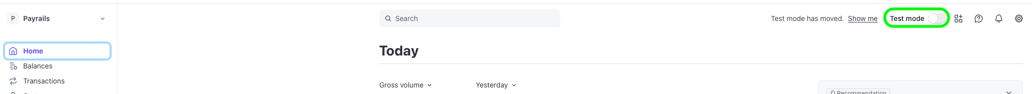Stripe dashboard with test mode toggle off