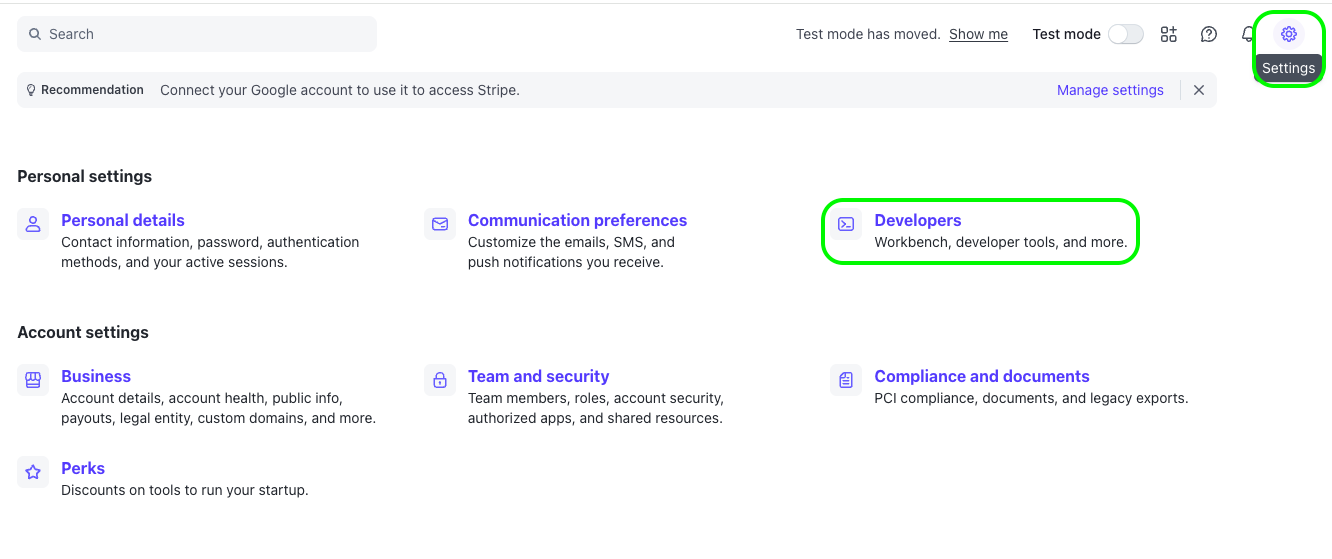 Stripe developers API keys page