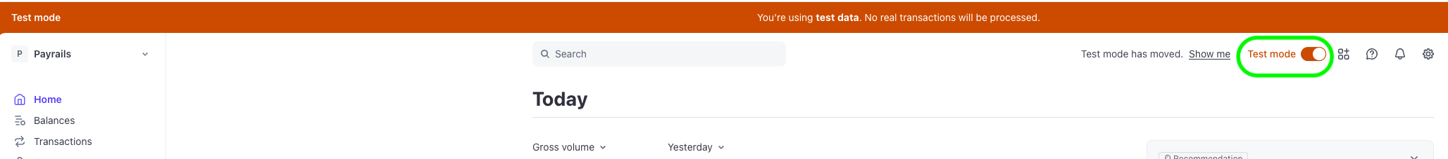Stripe dashboard with test mode toggle on