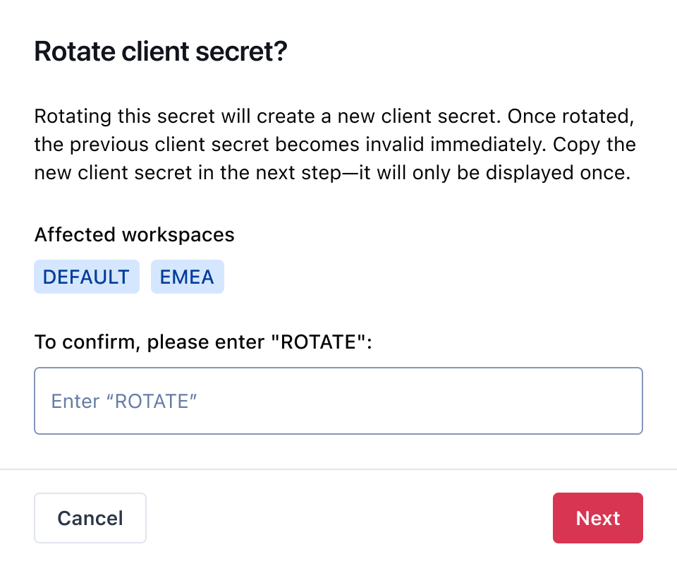 Credentials rotation dialog