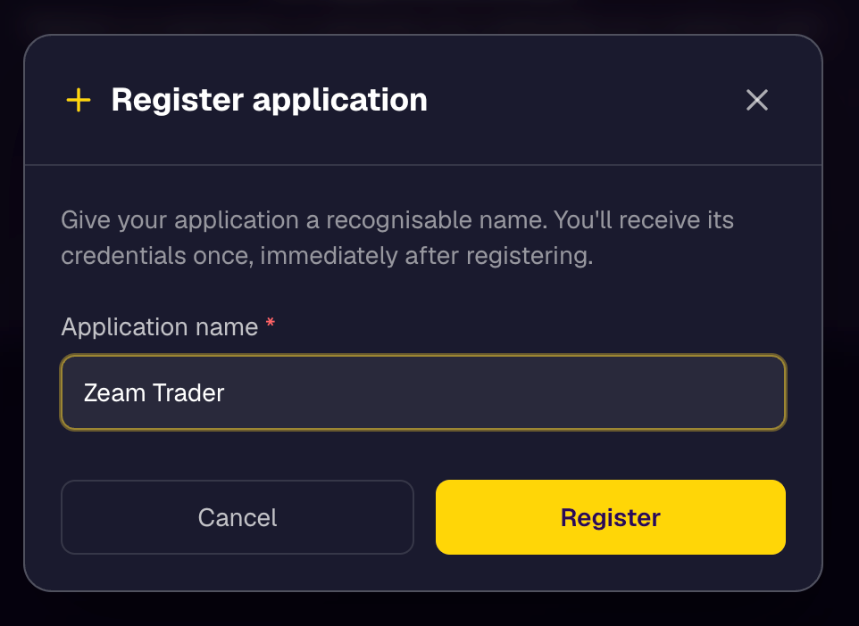 The Register application dialog with the Application name field filled in as Zeam Trader.