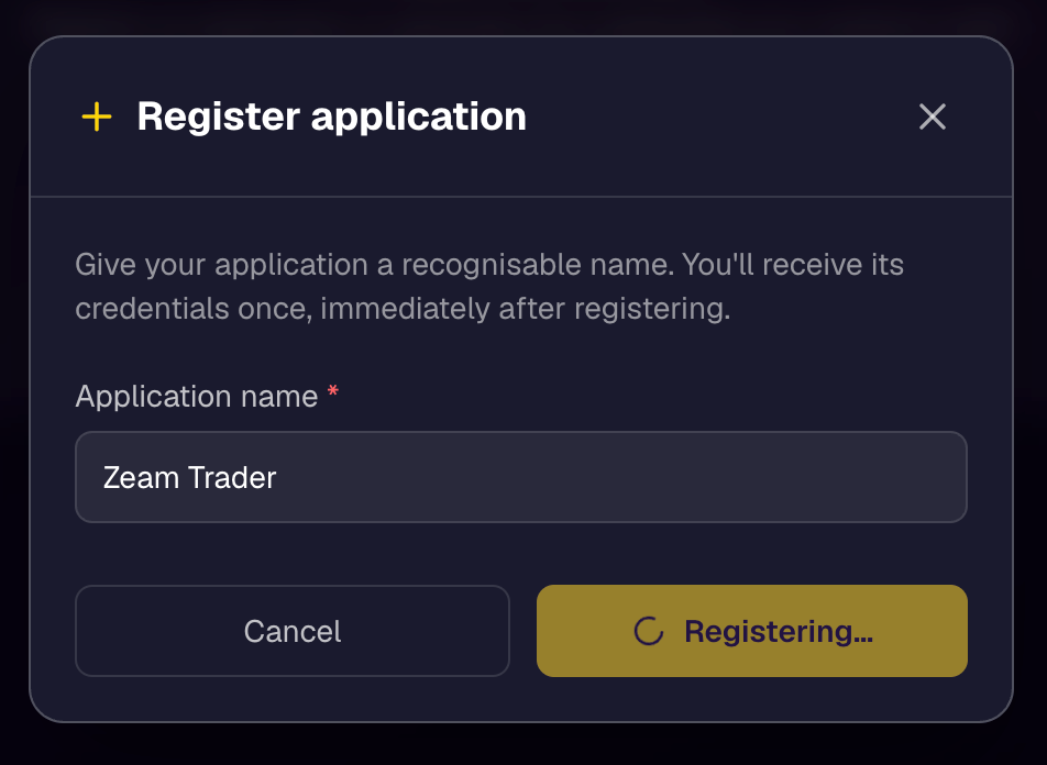 The Register application dialog showing a Registering progress state on the Register button.