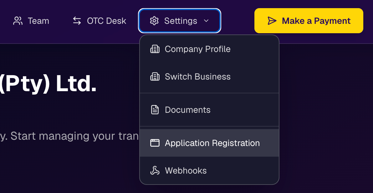 The business portal Settings dropdown menu with the Application Registration item highlighted.